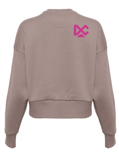 NEW- Next Level Women's Crewneck, Shitake w/ Neon Pink Logo